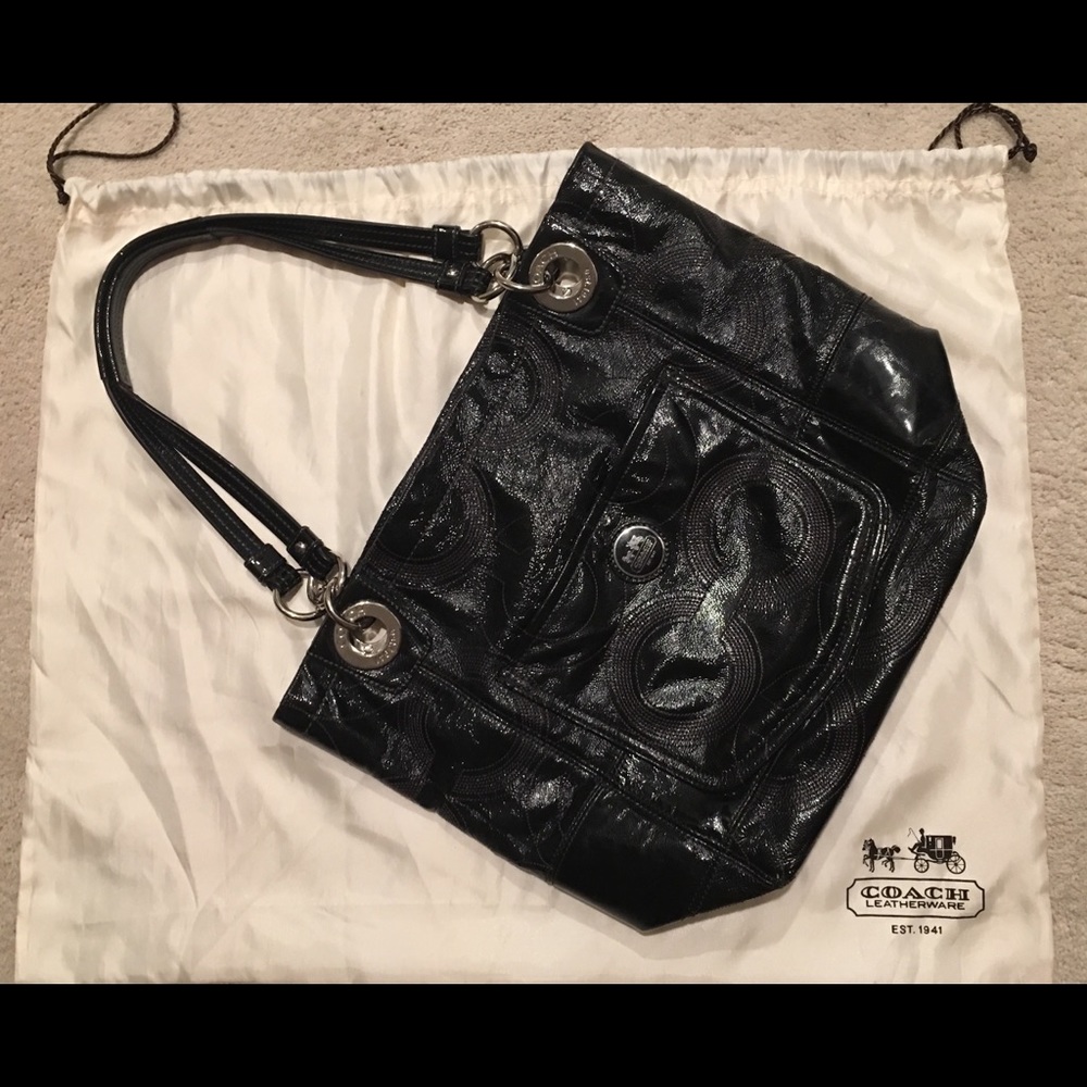 Coach Black patent Alex tote with silver detail.